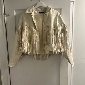 Nasty Gal Cream Leather Jacket with Fringe